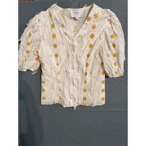 The Shirt Rochelle Behrens White Yellow Floral Eyelet Fringe Boho Blouse M